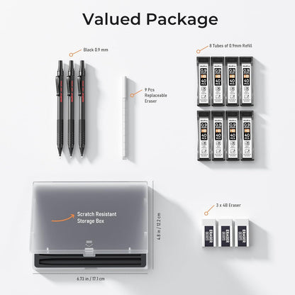 Nicpro 0.5 mm Mechanical Pencils Set with Case, 3 Metal Artist Pencil With 480PCS HB Lead Refills, 3 Erasers,9 Eraser Refills For Architect Art Writing Drafting, Drawing, Engineering, Sketching, Black