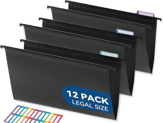 SortRax Plastic Hanging File Folders, Sturdy & Tear-Resistant, Letter Size, 12 Pack with Insertable 1/5-Cut Tabs, Pastel Colors