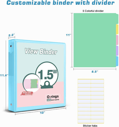 3 Ring Binder 1.5 inch，Cute Binder Organizer with 5 Tab Dividers Fits 175 Sheets of 8.5x11 Paper,Customizable Clear Cover with Inside Pockets,Aesthetic 1.5" Three Ring Binders for School Office,Purple