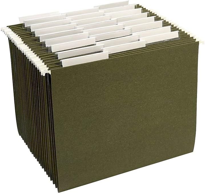 Staples Hanging File Folders, Letter Size, 1/5‑Cut Tabs, Standard Green, Includes Tabs & Paper Inserts – 25/Pack