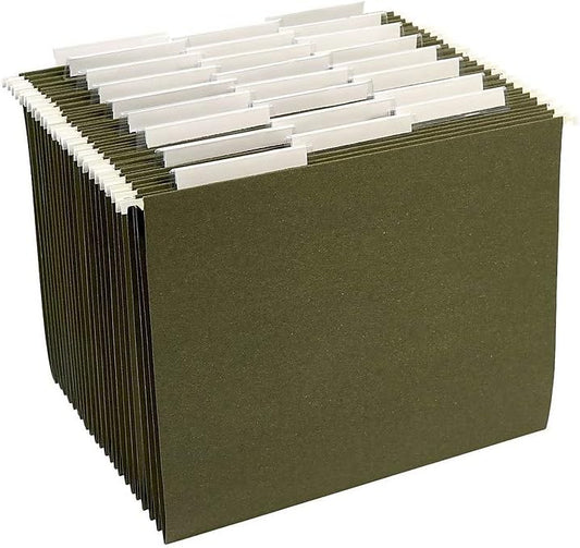 Staples Hanging File Folders, Letter Size, 1/5‑Cut Tabs, Standard Green, Includes Tabs & Paper Inserts – 25/Pack