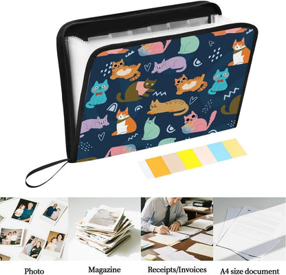 WEBEEDY Cartoon Cat Expanding File Folder 13 Pockets Cute Cat Accordion File Organizer with Labels and Zipper, Waterproof Portable Document Organiser for A4 Paper Photo Letter Receipt Paperwork
