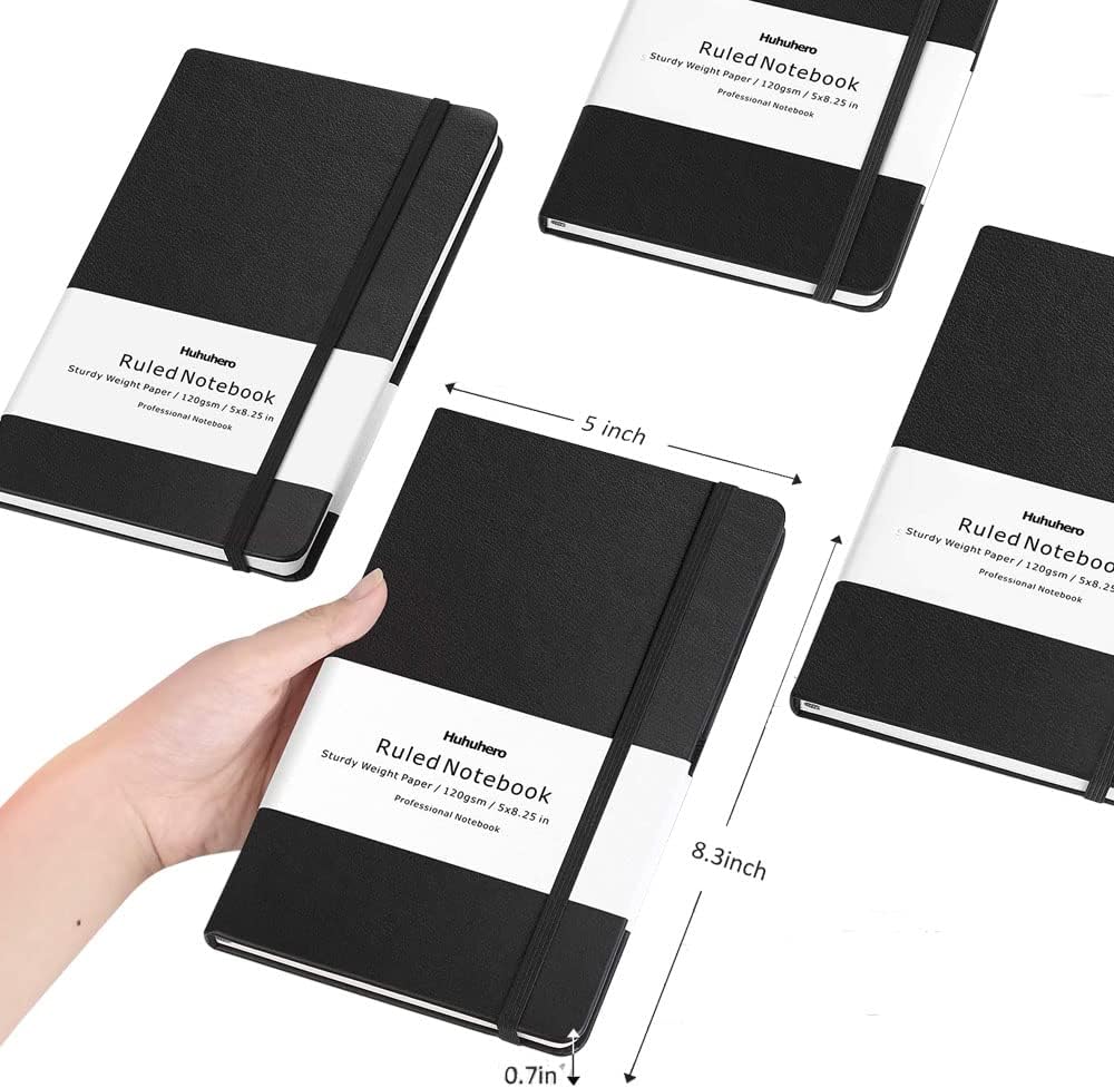 Huhuhero 5 Pack Lined Journal Notebooks, Hardcover Notebook for Work School Office, 5"×8.25", 120Gsm Thick Ruled Writing Journals for Note Taking Business, Black