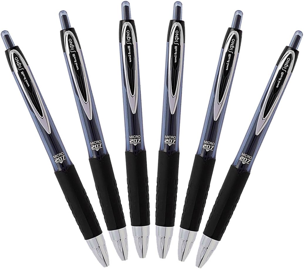 Uni-Ball Signo 207 Retractable Gel Pen, 0.5mm Micro Point, Black, Pack of 6