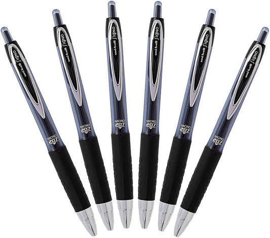 Uni-Ball Signo 207 Retractable Gel Pen, 0.5mm Micro Point, Black, Pack of 6