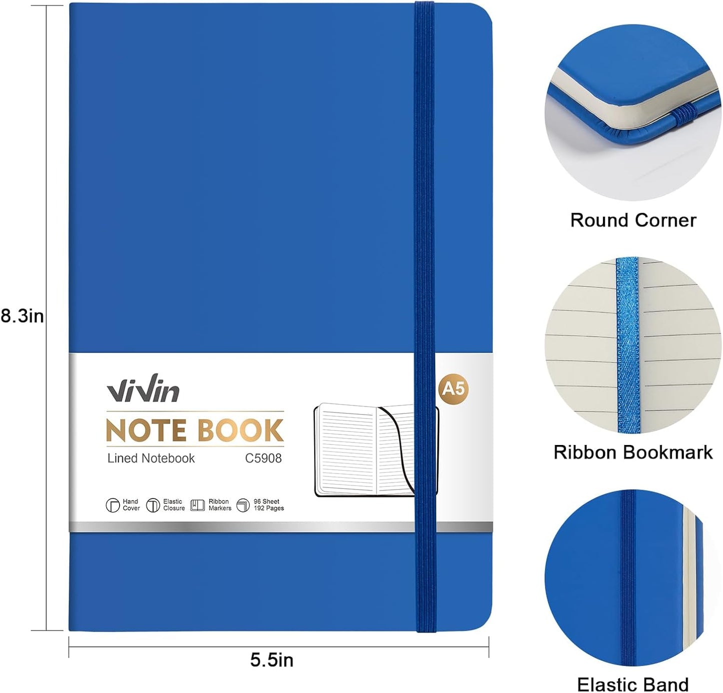 ViVin Lined Journal Notebooks for Work, 192 Pages, Medium 5.5 x 8.3 inch, College Ruled, A5 Hardcover Journaling Notebooks for Writing, 8 Pack Bulk,Black