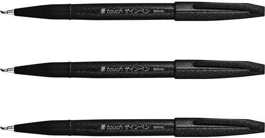 Pentel Fude Touch Sign Pen, Black, Felt Pen Like Brush Stroke (SES15C-A) 3 Pieces