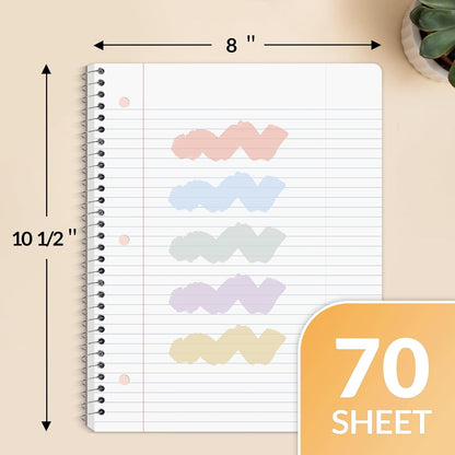 SUNEE Spiral Notebooks, 1-Subject, 5 Pack, College Ruled Paper, 8" x 10-1/2", 70 Sheets per Notebook,3-Hole Punched Paper, Pink,Purple, Blue, Green, Yellow Spiral Lined Notebooks for School,Work