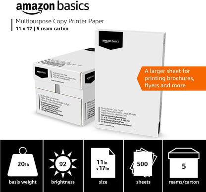 Amazon Basics Multipurpose Copy Printer Paper, 20 lb, 8.5 x 11 Inches, 10 Reams (5,000 Sheets), 92 Bright White