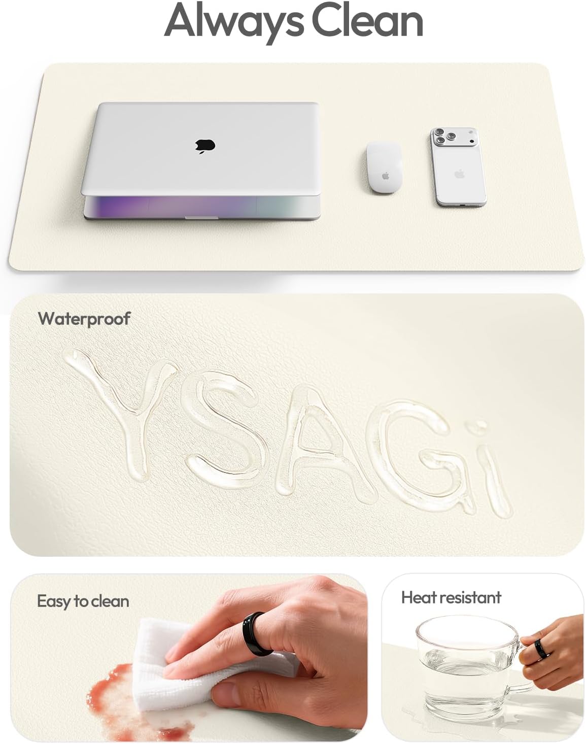 YSAGi Leather Desk Pad Protector, Large Mouse Pad, Non-Slip PU Leather Desk Blotter, Waterproof Writing Pad for Office and Home (31.5" x 15.8", Eggshell) - Colors A