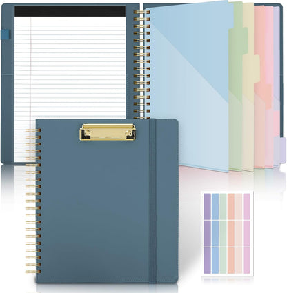 SKYDUE Clipboard Folder with Storage, 6 Dividers with 12 Pockets for Letter Size, Storage Clipboard Folio with Refillable Notepad, Spiral Clipboards Padfolio for Teacher Worker Nurse