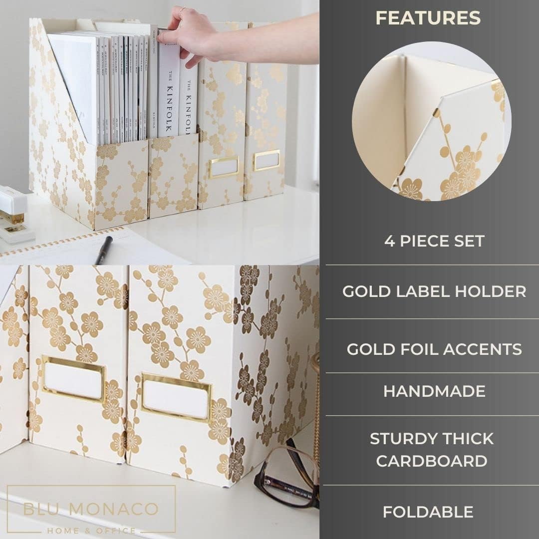BLU MONACO | Cardboard Magazine File Holder Set of 4 | Vertical Magazine File Holder for Desk and Shelves | Standing File Holder for Classroom School Paper Storage
