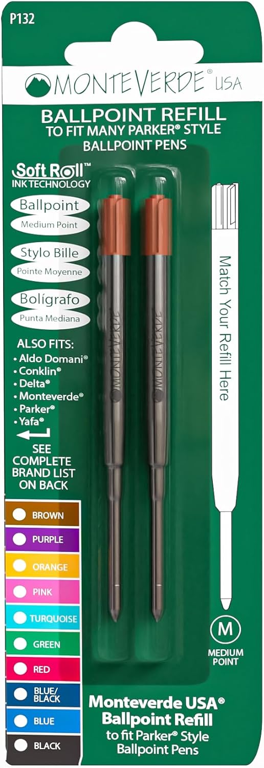 Monteverde Soft Roll Ballpoint Pen Refills to Fit Parker-Style Pens, Medium Point, Brown, 2-Pack, Smooth Writing Technology for Parker, Conklin, Schmidt, and More