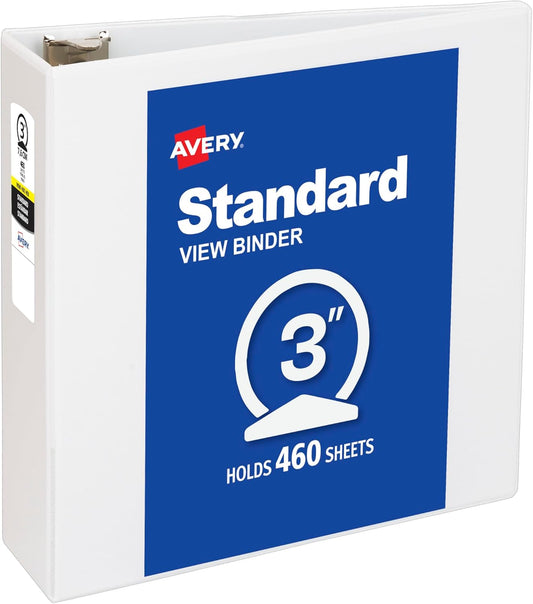 Avery Standard View 3 Ring Binder, 3" Round Rings, 460-Sheet Capacity, 3.5 Inch Wide Spine, 1 White Binder, Ideal for Lightweight Organization and Occasional Referencing (05800)