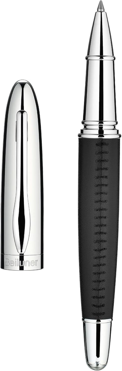 BEILUNER 318 Luxury Leather Pen, Hand-Stitched Premium Leather, Chrome-Plated Finish, Schmidt Ink Refill, Best Rollerball Pen Gift for Men & Women, Refillable, Executive Writing, Nice Pens