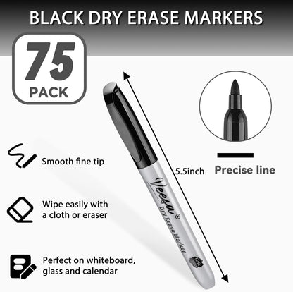 VEESA Dry Erase Markers (Black Red Blue), Fine Tip, 75 Count Low-Odor Whiteboard Marker Pens for Office School Home