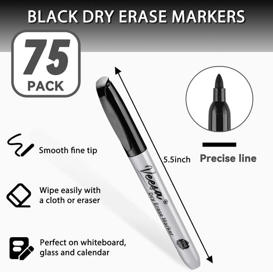 VEESA Dry Erase Markers (Black Red Blue), Fine Tip, 75 Count Low-Odor Whiteboard Marker Pens for Office School Home