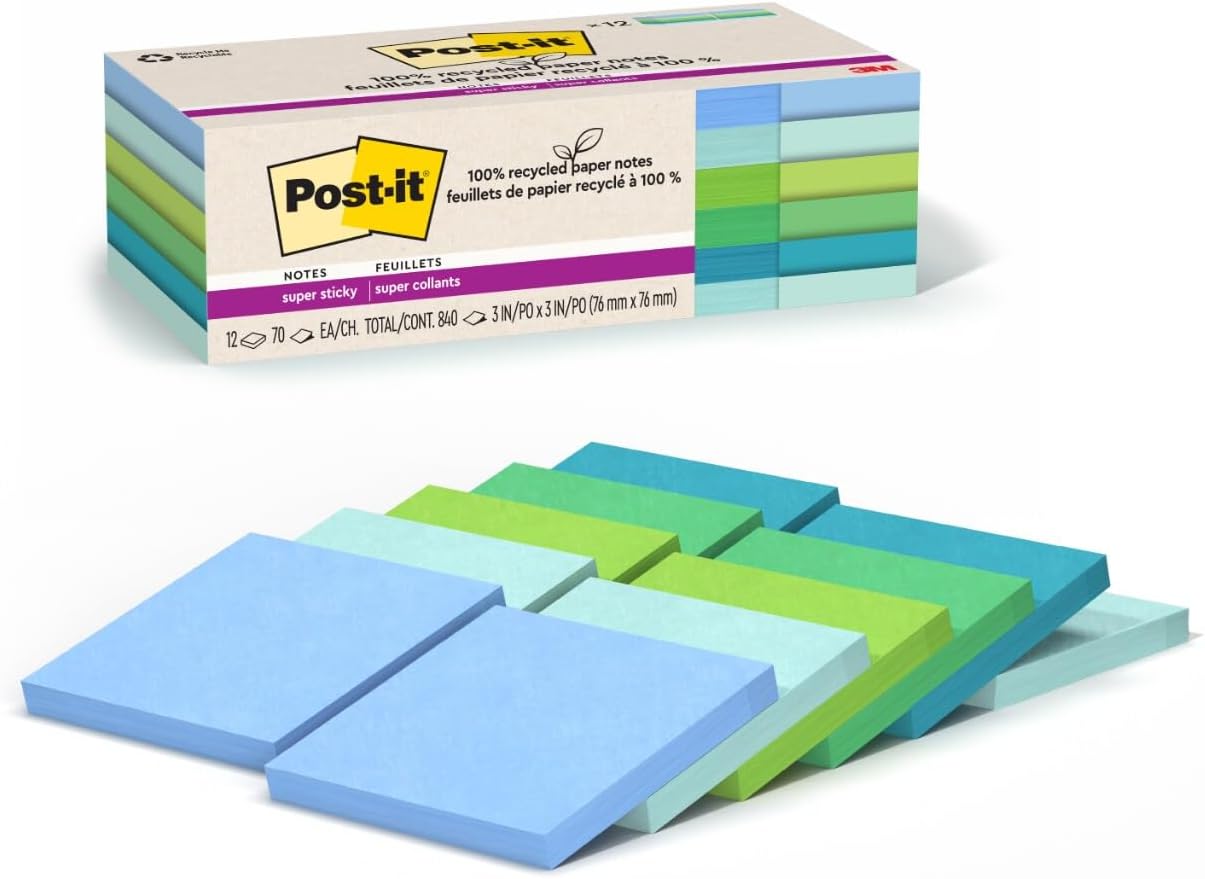 Post-it 100% Recycled Paper Super Sticky Notes, 3 in. x 3 in., 12 Pads, 70 Sheets per Pad, Wanderlust Pastels, School Supplies and Office Products