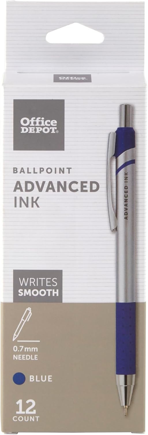 Office Depot Advanced Ink Retractable Ballpoint Pens, Needle Point, 0.7 mm, Silver Barrel, Blue Ink, Pack Of 12