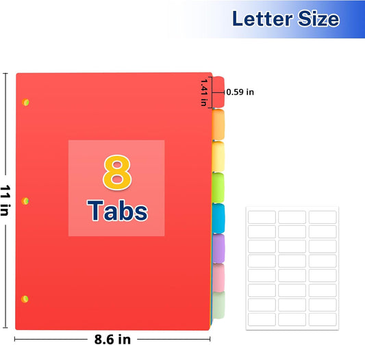 8 Tab Binder Dividers Tabs, Plastic Dividers for 3 Ring Binder, 3-Hole Punched Index Dividers for Letter Size Paper, File Dividers for Office Home School Supplies, 2 Set, Pastel Color