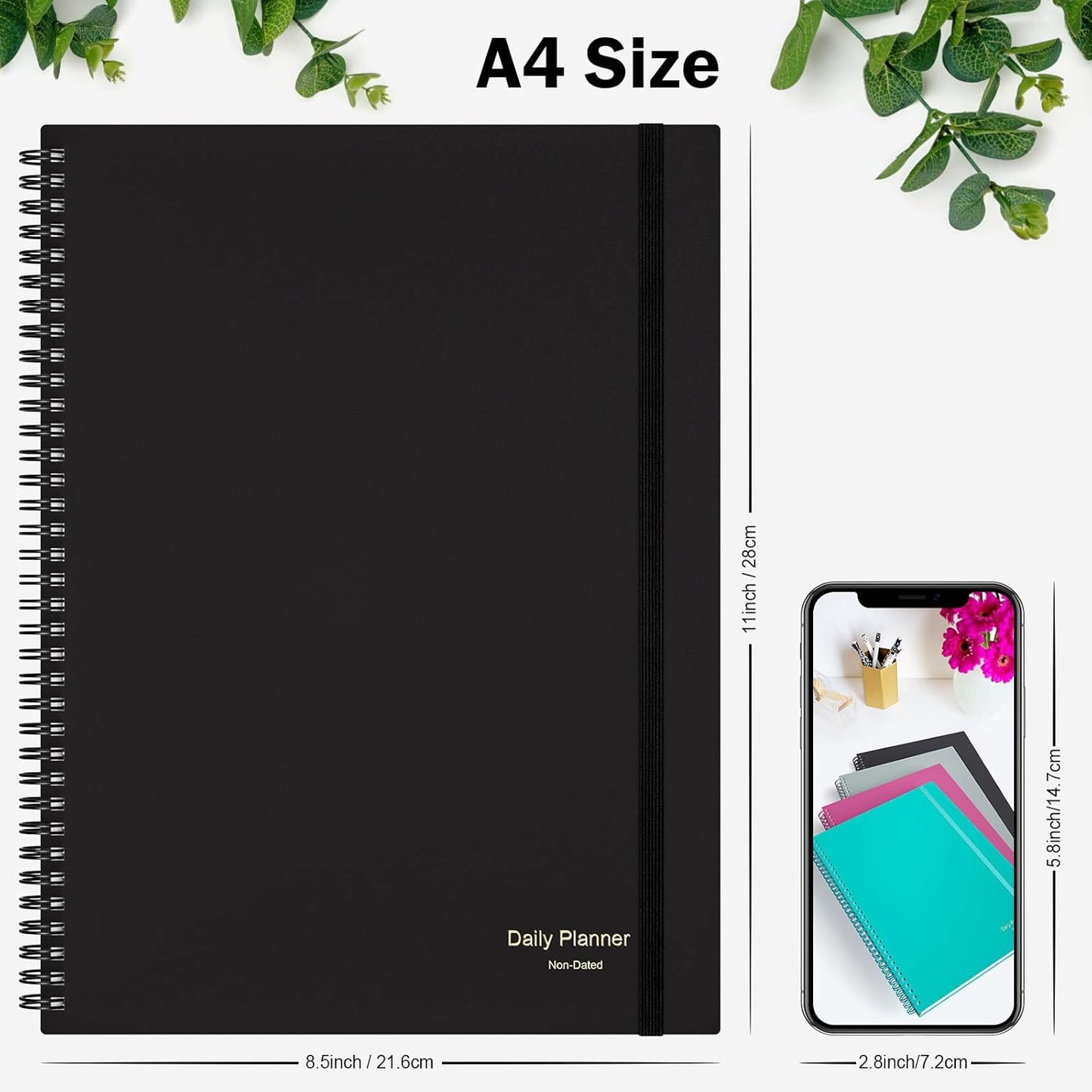Daily Planner Undated, Asten To Do List Notebook Hourly Schedules Spiral Appointment Planner for Men and Women,PVC Hardcover,Elastic Closure, Inner Pocket 8.3" x 5.8" (Black)