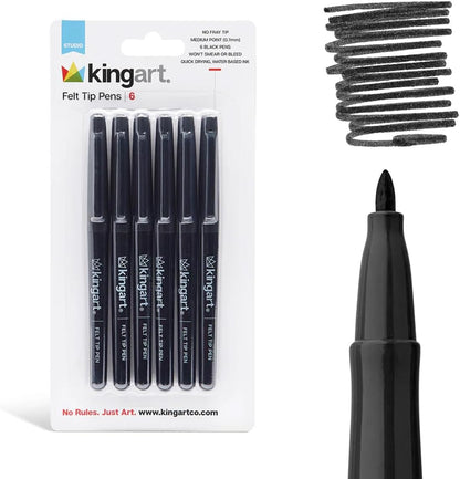 KINGART Studio Felt Tip Pens, 6 Black Ink Markers - 0.7mm Medium Point, Water-Based, Smear-Resistant Pens for Writing, Sketching, and Journaling.
