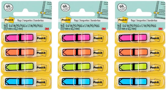 Post-it Arrow Flags, 0.47 in. x 1.7 in., Four Dispensers with 24 -Count Assorted Bright Colors Sticky Tabs Per Dispenser, Removable Page Markers for Planners, Journals, and Calendars (96 Flags Total)