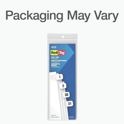 Redi-Tag Daily Adhesive Tabs, Preprinted Daily Tab, 12 Sets of 1-31 plus withBonus Blank Tabs, 7/17" x 1", Durable and Customizable Labels with Permanent Adhesive for Planners & Files, White (1006548)