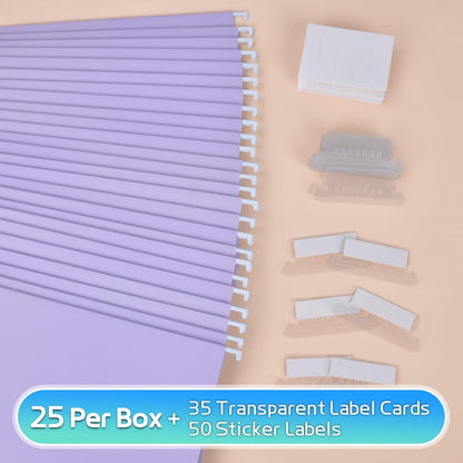 25-Pack Green Hanging File Folders, Letter Size (8.5" x 11") with 1/5-Cut Tabs,Includes 35 Transparent Label Cards & 50 Sticker Labels for Home & Office Organization