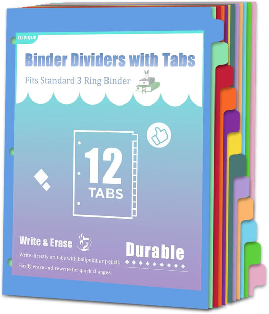 12-Tab Binder Dividers with Tabs for 3 Ring Binder, Write & Erase, Monthly Dividers for 8.5 x 11'' Letter Size Papers, Assorted Color, 1 Set