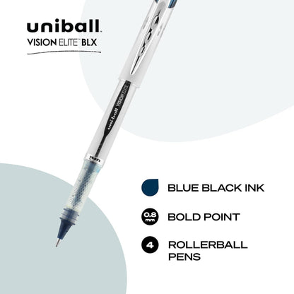 uniball Vision Elite BLX Rollerball Pens, Bold Point (0.8mm), Blue BLX Ink, 4 Pack
