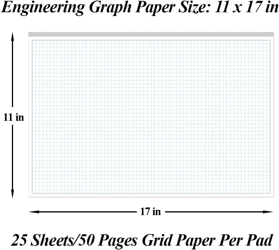 Yaridar (3-Pack) Engineering Graph Paper Pad - 17" x 11" Grid Paper for Engineering, Drafting, Blueprint Drawing, 75 Sheets/150 Pages 4x4 Blue Quad Rule by Better Office Products