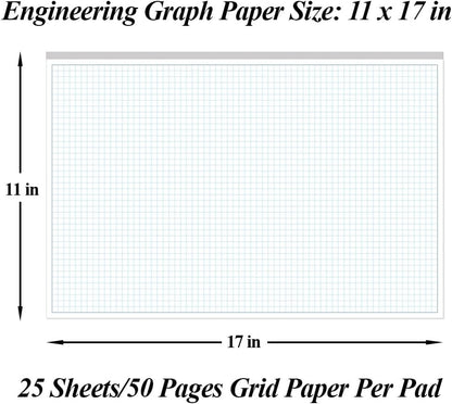 Yaridar (3-Pack) Engineering Graph Paper Pad - 17" x 11" Grid Paper for Engineering, Drafting, Blueprint Drawing, 75 Sheets/150 Pages 4x4 Blue Quad Rule by Better Office Products