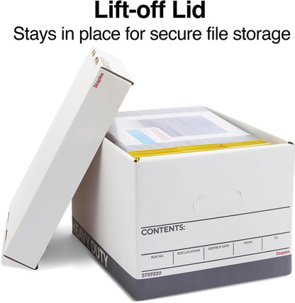 STAPLES Storage & Filing Box, Medium-Duty with Handles & Removeable Lid, Letter Size Documents, Stackable, 12-Pack, White/Gray