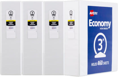 Avery Standard View 3 Ring Binders, 1.5" Round Rings, 275-Sheet Capacity, 2.1 Inch Wide Spine, White Binders, Ideal for Lightweight Organization and Occasional Referencing (4-Pack of 19201)
