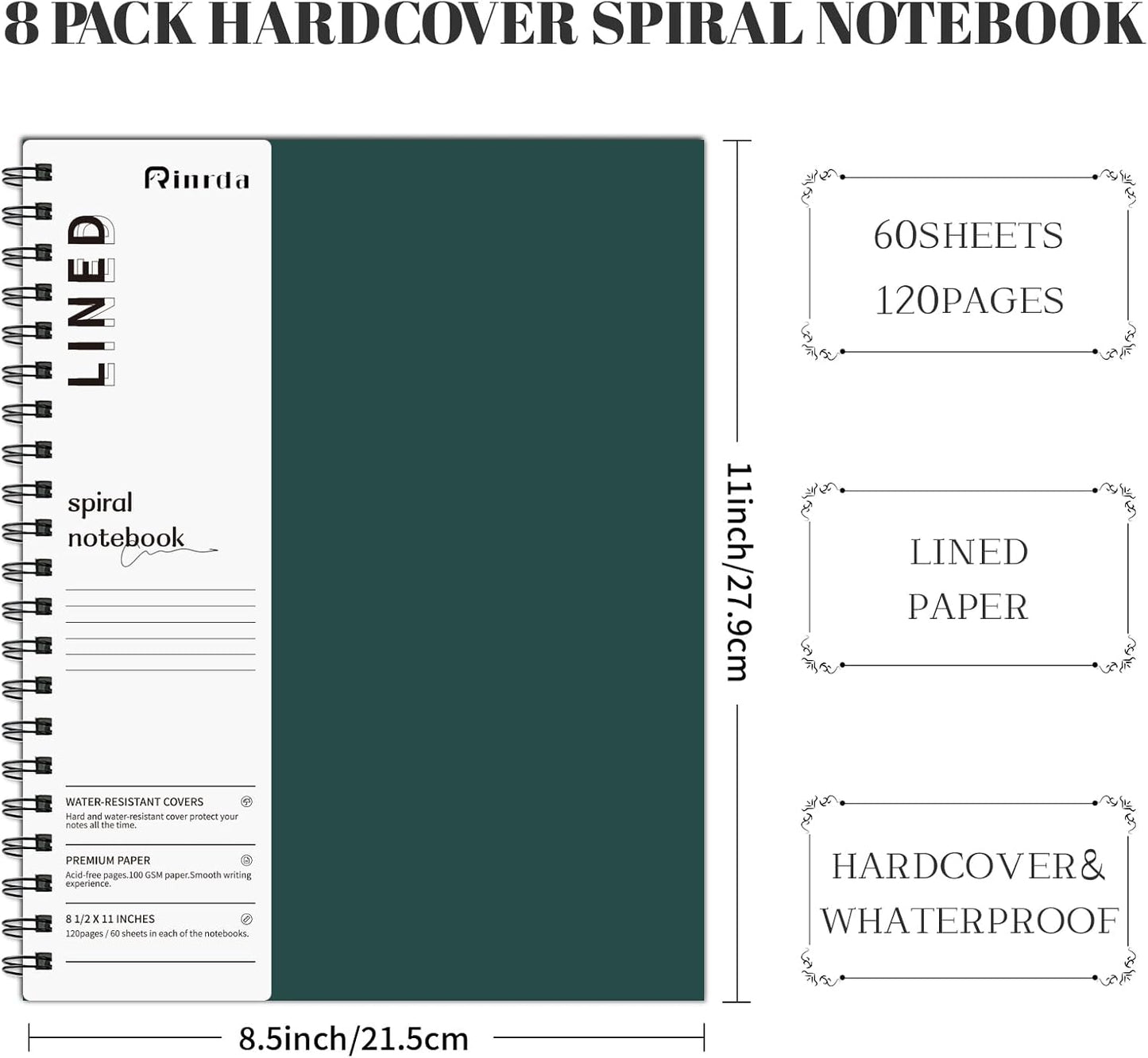 Lined Notebook Spiral Notebook 8.5" x 11"-4 Pack Large Journal Hardcover Notebook 7mm College Ruled Notebook 120 Pages 100 GSM Thick Hardcover Journal for School (LINED, Mult-color)