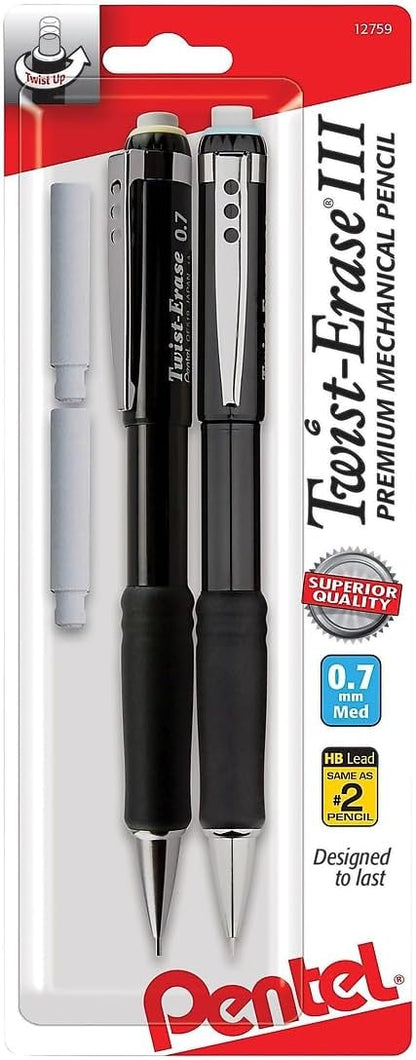 Pentel Twist-Erase III Mechanical Pencil, (0.7mm), Assorted Barrel Colors with 2 Eraser Refills, Pack of 2 (QE517BP2)