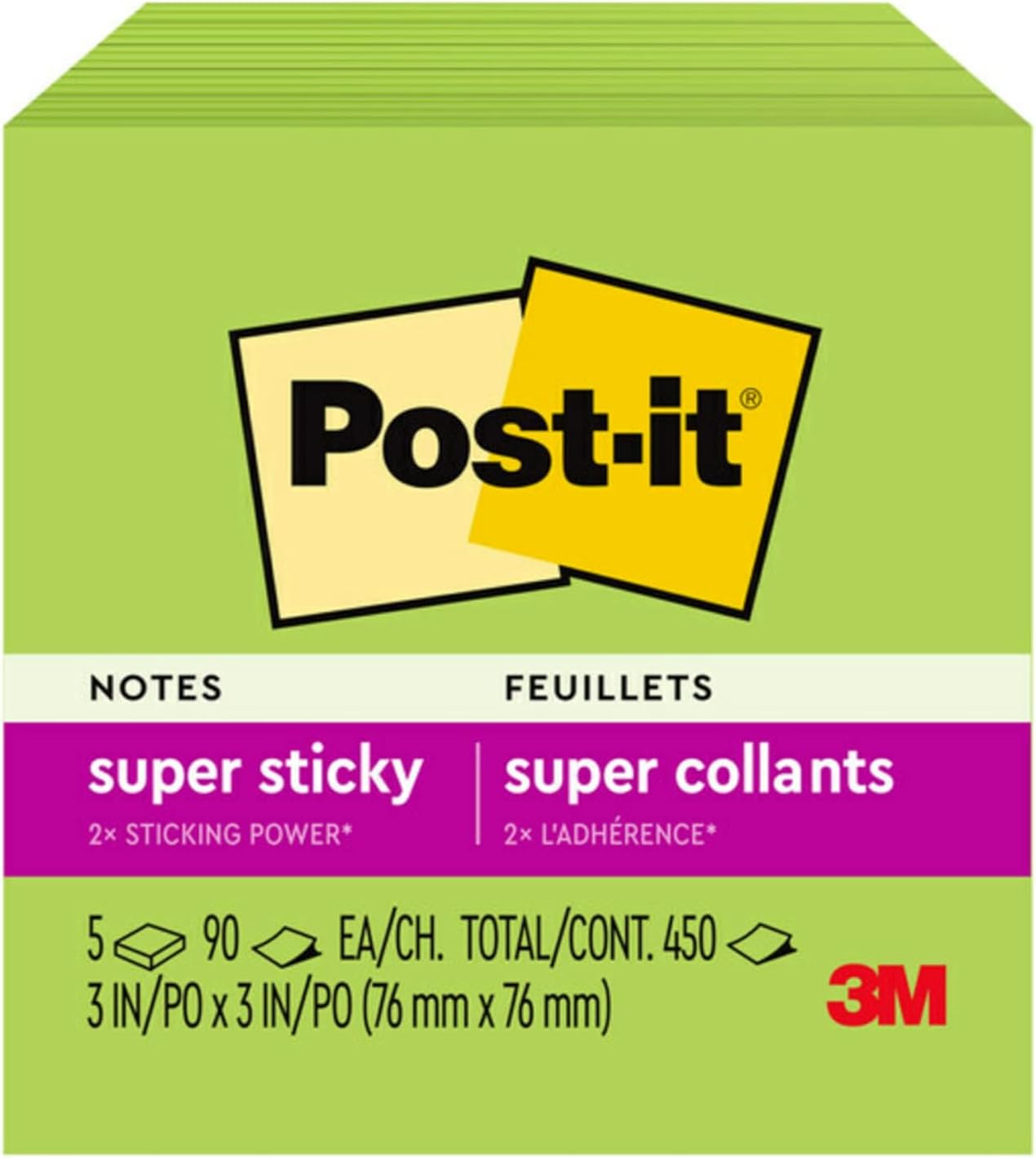 Post-it Super Sticky Notes, 5 Sticky Note Pads, 3 x 3 in., School Supplies, Office Products, for Vertical Surfaces, Monitors, Walls and Windows, First Snow White