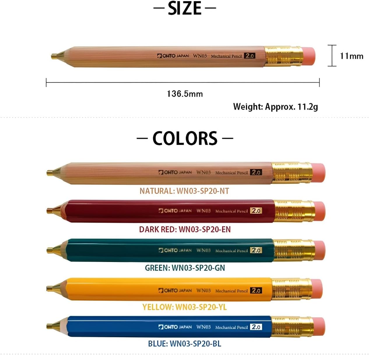 WN03 Wooden Mechanical Pencil Set, 2.0mm Extra Bold, Thick Barrel, Incense Cedar Dark Red Pencil with Lead Refills (HB, B), Eraser Refills, and Brass Sharpener for Writing, Sketching, Drawing