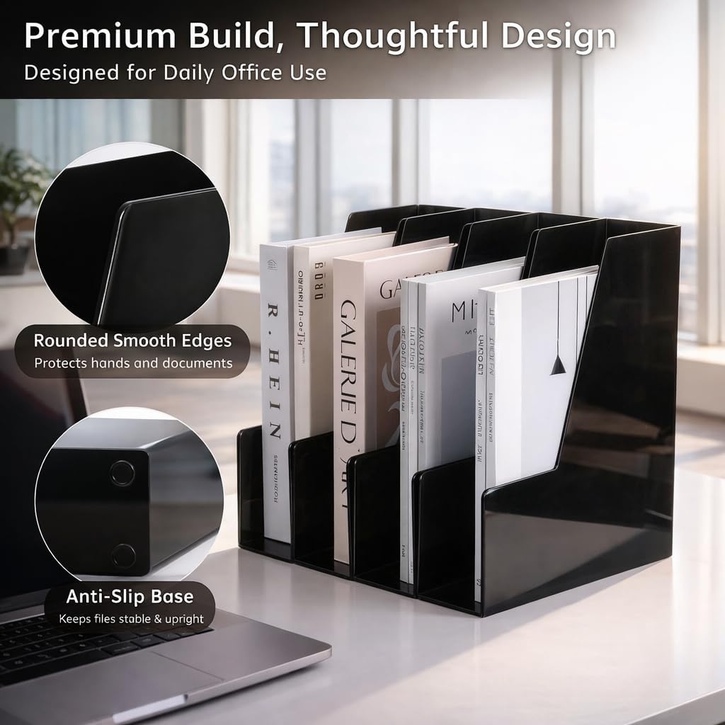 CiWiVOKi Vertical Magazine File Holder, Desk Organizer and Storage for Magazines, Binders, Notebooks, Envelopes, Multi-Purpose Desktop File Organizer for Home, Office & Classroom, 4 Pack, White