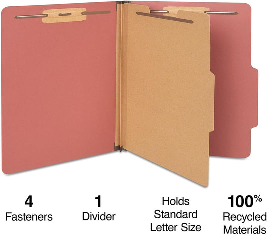 Staples Pressboard Classification Folders, Letter Size, 1‑Divider, 1.75" Expansion, Brick Red, Durable Construction – 40/Carton