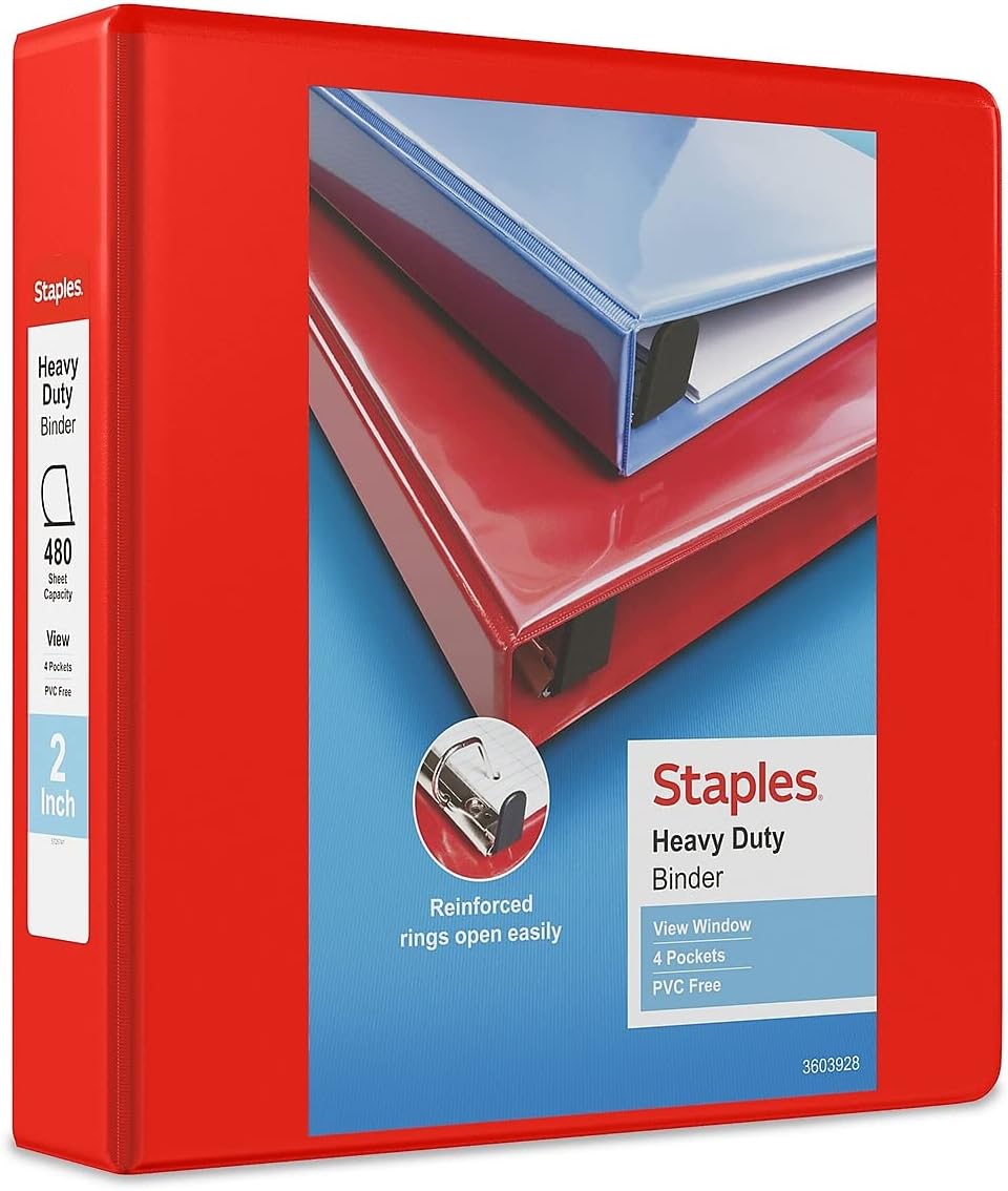 Staples Heavy-Duty 2-Inch D-Ring View Binder, Reinforced Spine, Holds Up to 450 Sheets, Gray, for Office & School
