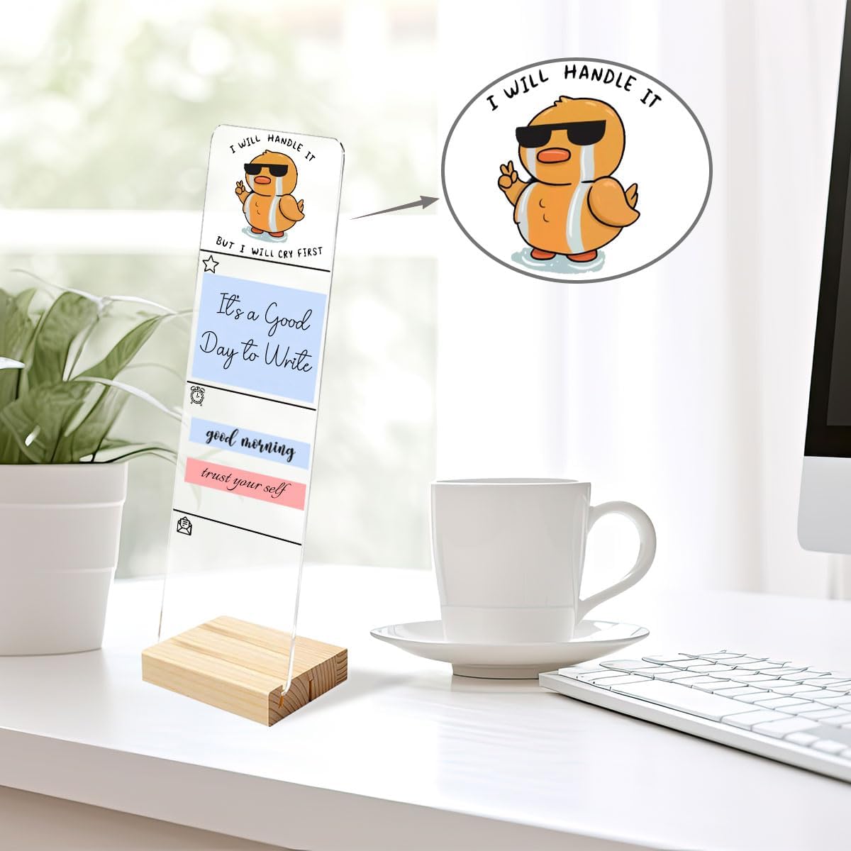 Sticky Notes Monitor Memo Board Acrylic Note Holder with Removable Wooden Base, Everything is Fine Logo Desk Set Includes 200 Sheets Two Sizes Sticky Notes, Office Desk Accessories Organizer