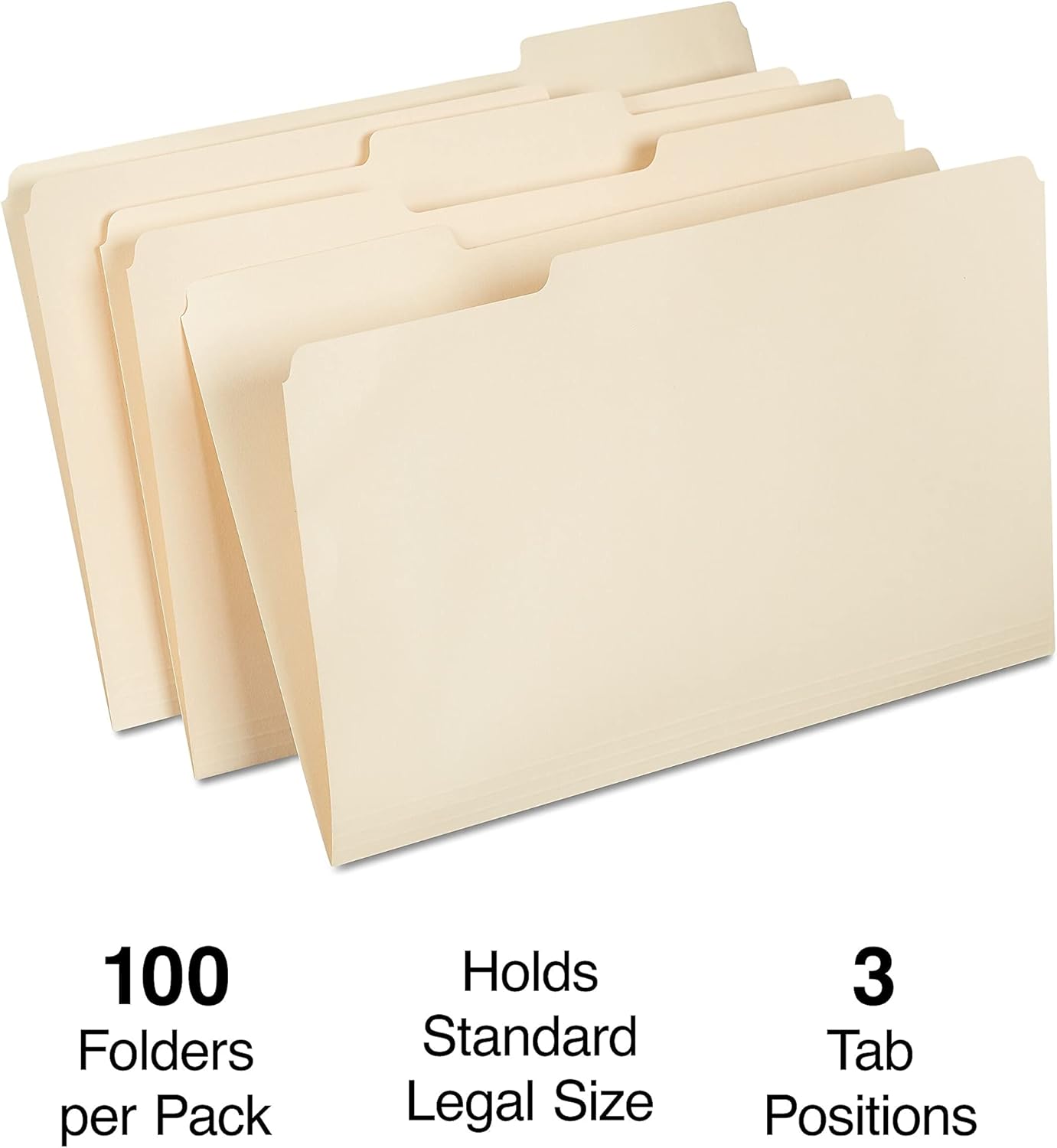 Staples Recycled File Folders, Legal Size, 1/3‑Cut Tabs, Manila, 30% Recycled Paper Stock, 100/Box