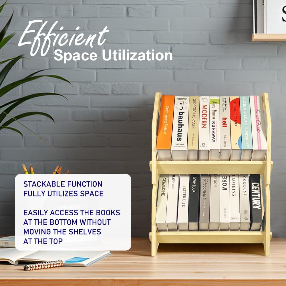 2 Pack Desktop Bookshelf, Stackable Book Organizer with Handle, storage rack for CD/Magazine/File Folder, Portable Small bookshelf for Study, Living room, Kid's room, No Nails, Medium Size