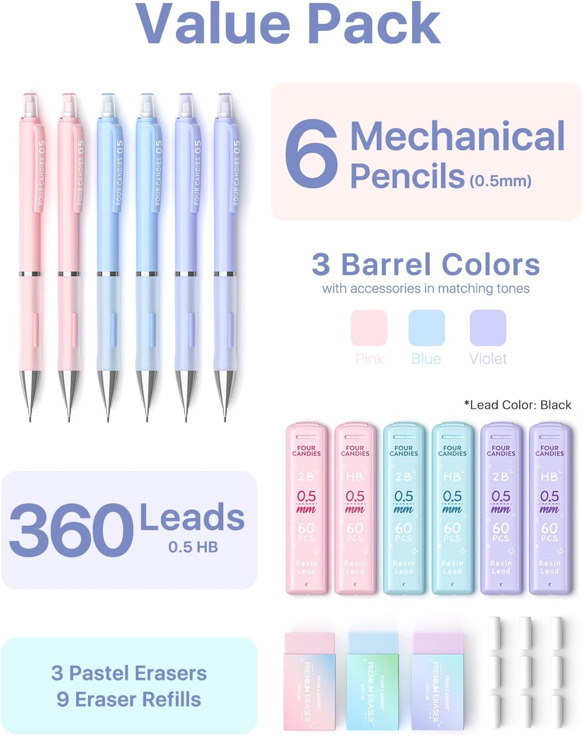 Four Candies Mechanical Pencil Set - 0.7mm (Medium Point), 6PCS Cute Pencils Mechanical with 360PCS (HB & 2B) Lead Refills & 12PCS Erasers & 1PCS Storage Case, Pastel Aesthetic Lead Pencils for School