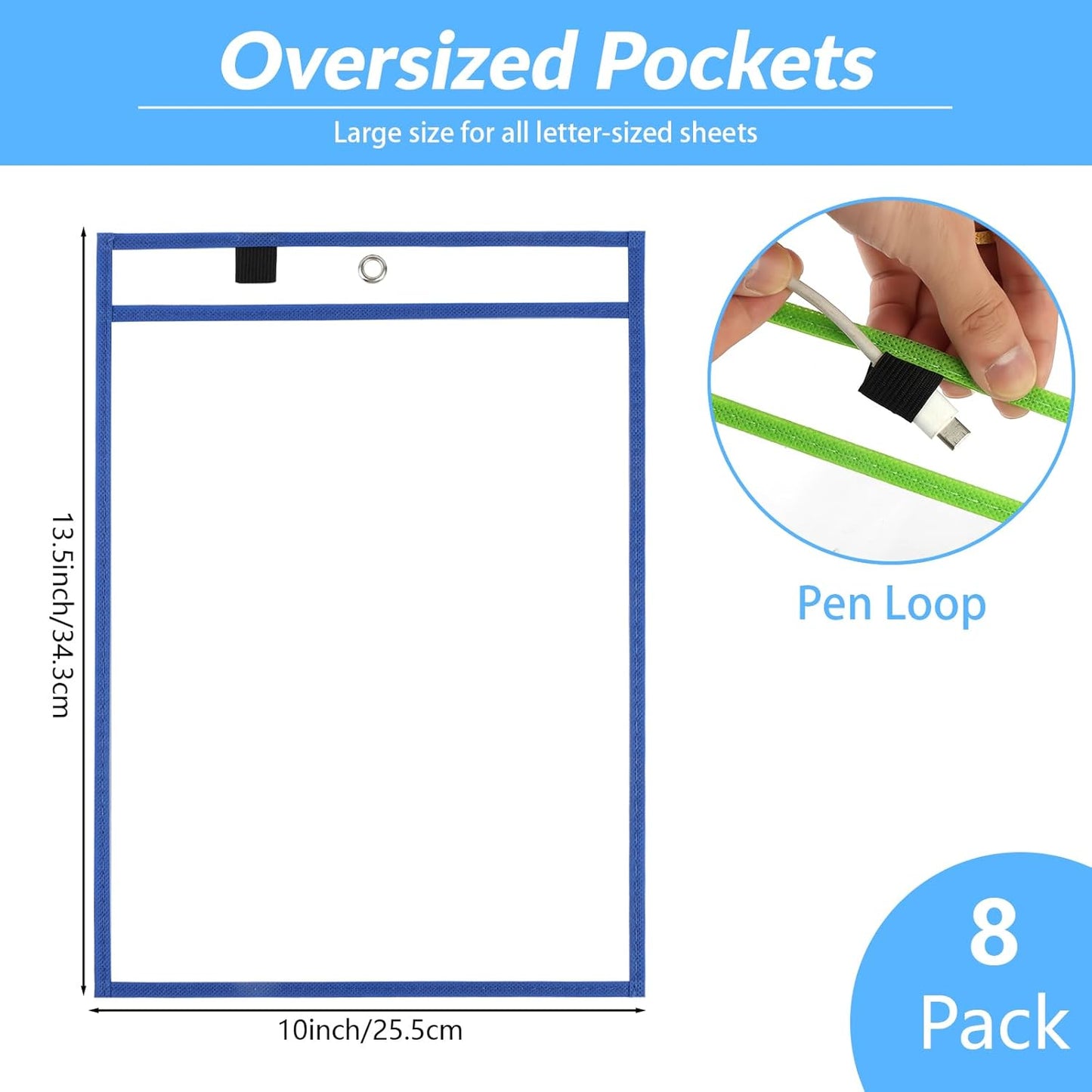 BEVTEE Dry Erase Pocket Sleeves 8 Pack, 13.5x10 Inch Clear Plastic Paper Sleeves, Heavy Duty Ticket Holder Pockets, Reusable Sheet Protectors, Teaching Supplies for Classroom Elementary, with 1 Ring