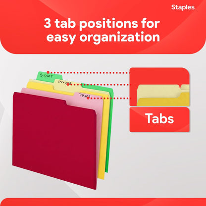Staples File Folders, Letter Size, 1/3‑Cut Tabs, Purple, Durable 10.5‑Point Paper Stock, 100/Pack