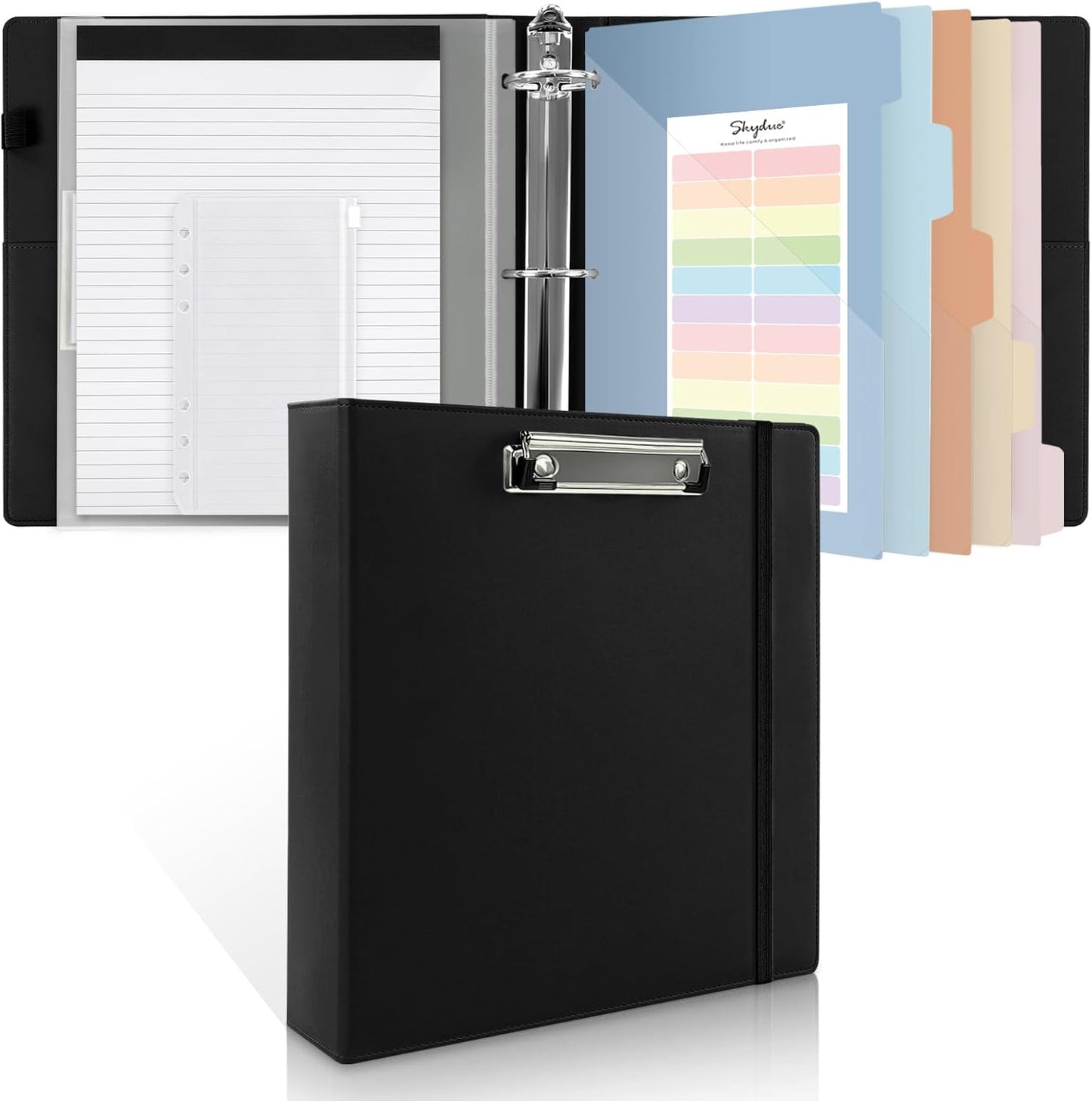 SKYDUE 3 Ring Binder with Clipboard,1 Inch Binder, 13.2" × 10.2" PU Clipboard Binder with Notepad & 5 Dividers with 5 Pockets, Labels, Clipboard Folder Great for School Office(Fit Letter Sized Paper)