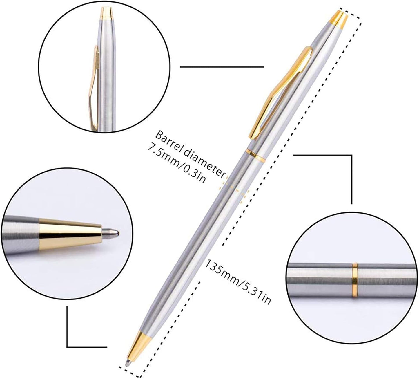 Cambond Slim Ballpoint Pens Bulk - Black Ink 1.0mm Medium Point Retractable Metal Pen for Police Uniform, Flight Attendant & Office, 10 Pack (Black Barrel)